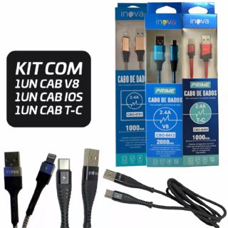 Kit 3 Cabos de Dados Inova 1M 1v8 1t-c 1 Iphone  Atacado Para Revenda