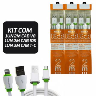 Kit 3 Cabos de Dados H maston 2 Metros 1=V8 1=T-C 1=IP Atacado Para Revenda