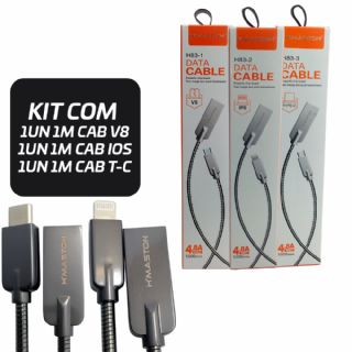 Kit 3 Cabos de Dados Revestido em Ao H maston 1=V8 1=T-C  1=Iphone 1m Atacado Para Revenda