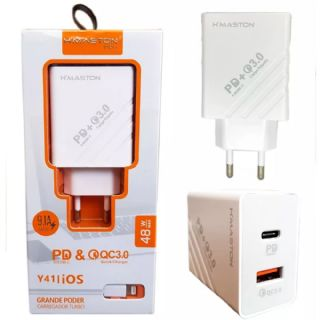 Carregador Turbo Residencial Iphone H Maston 48W 9.1A - 1 USB-C + 1USB 3.0 Y-41 - CAR115