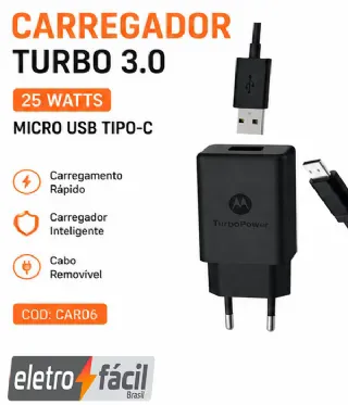 Carregador Turbo 3.0 25Watts Tipo-C Compativel Com Iphone Carregamento R�pido CAR06